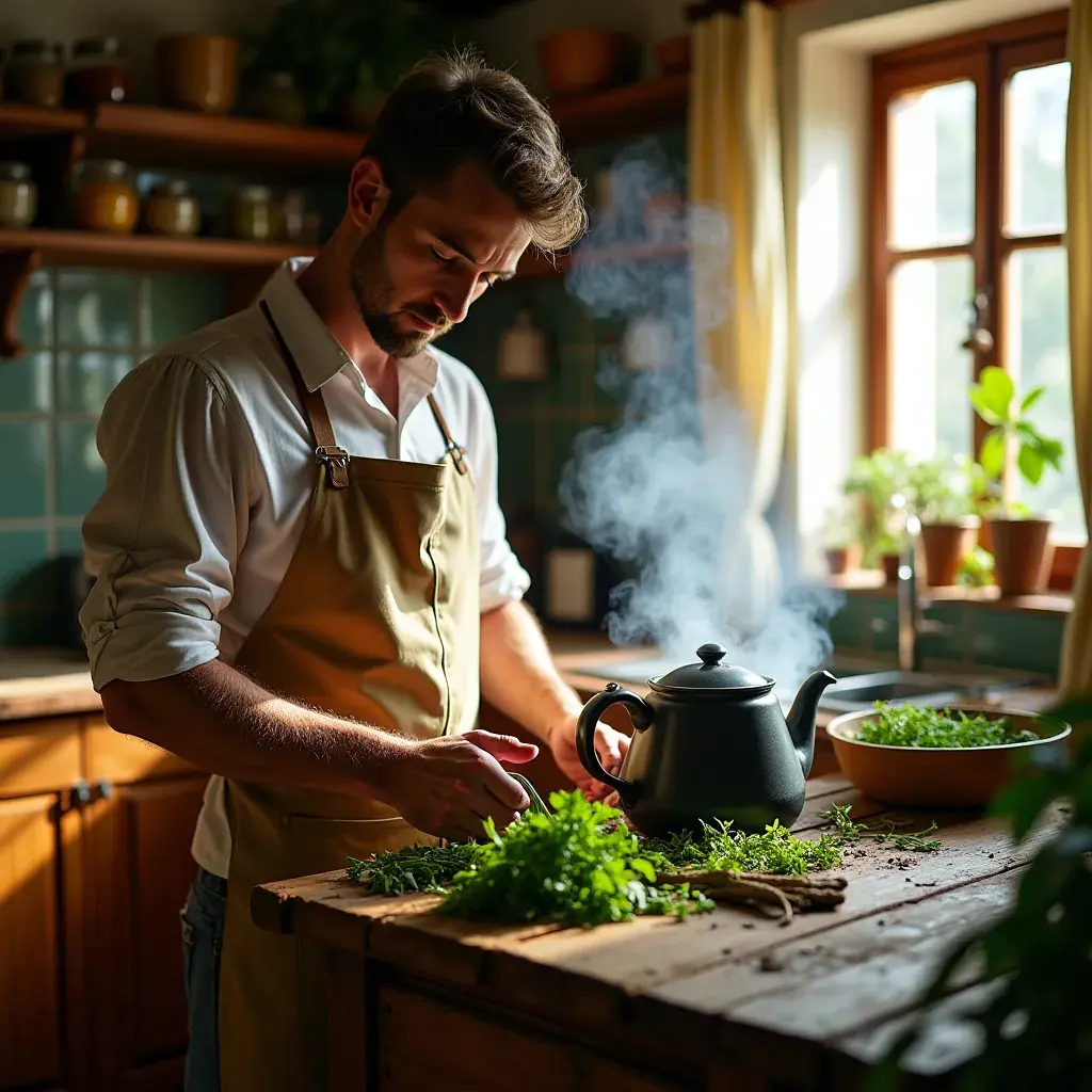 Pakiranje čaja s prirodnim sastojcima i slikom muškarca punog energije.