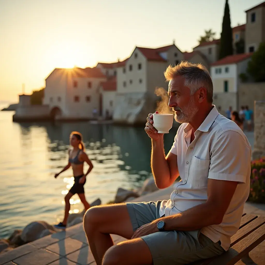 Zeleni čaj s biljem u šalici na drvenom stolu.